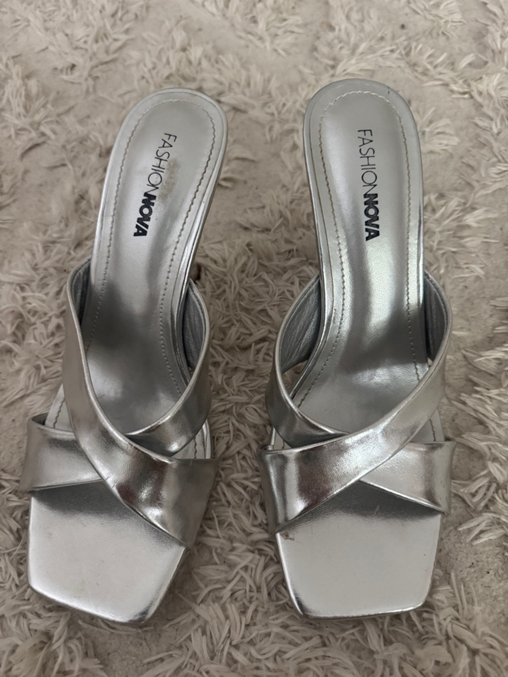 Fashion Nova Silver Metallic Crossover Slide Mules